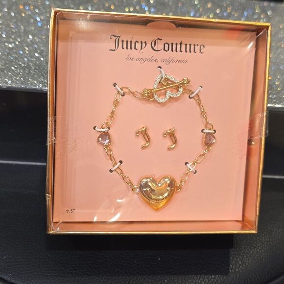 Juicy Couture Logo Heart Locket Bracelet & J Stud Earring Set - Picture 4 of 6